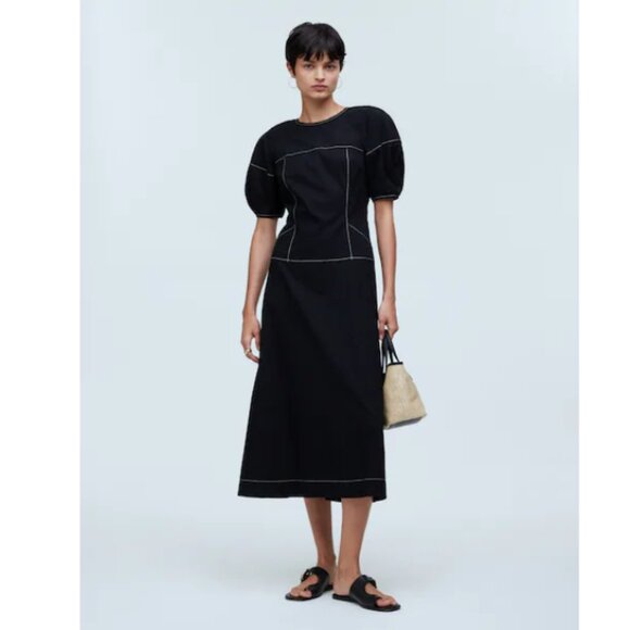 Madewell Dresses & Skirts - Madewell Black Puff-Sleeve Midi Dress with Contrast Stitching